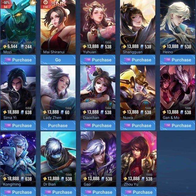 Honor of Kings hero shop interface showing Starstone prices for heroes