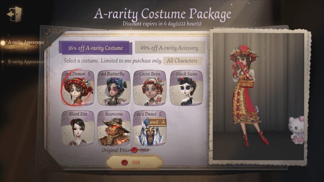 Comparison of Identity V Returning Costume Voucher, 50% Off Card, and Echo Coupon savings and restrictions