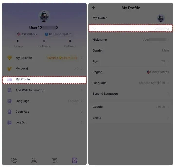 Chamet Diamond app profile interface showing User ID for top-ups