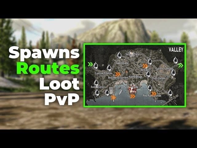 Arena Breakout Valley map with Grain Trade Stables Motel farming route and overwatch positions