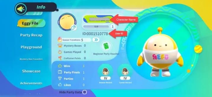 Eggy Party in-game profile screenshot displaying User ID for Eggy Coins top-up