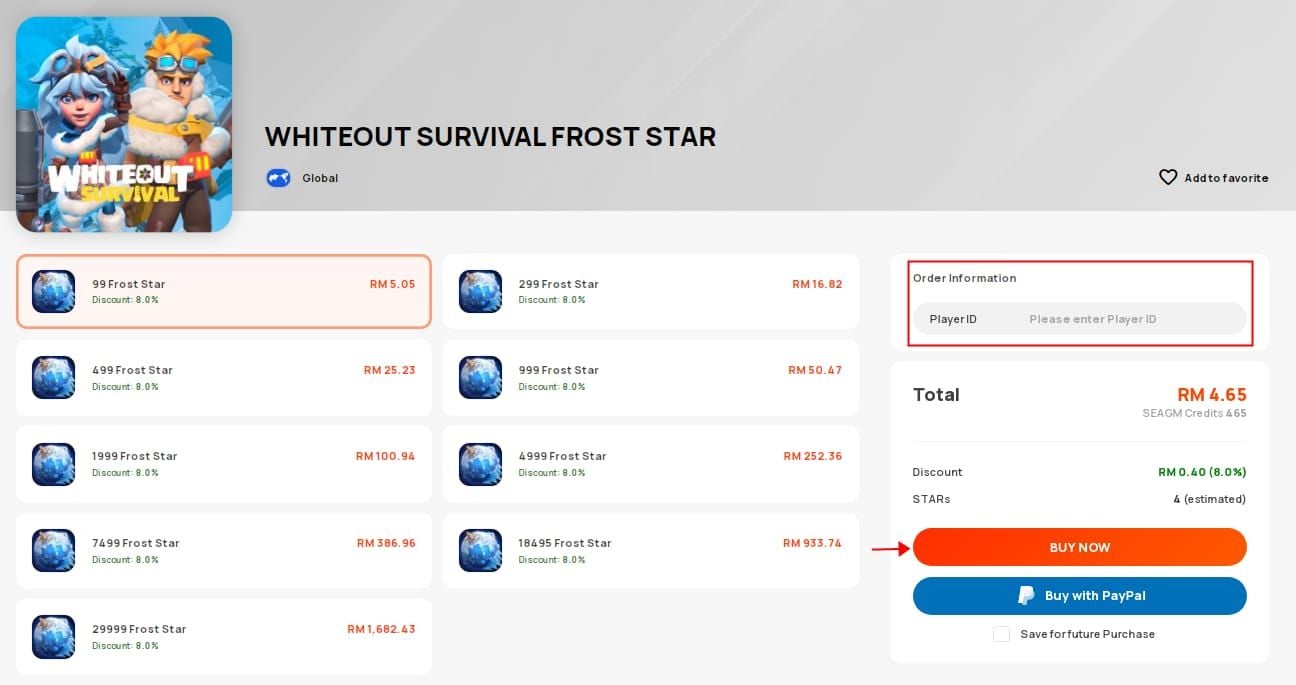 Whiteout Survival Frost Star recharge interface with pack selection and Player UID entry