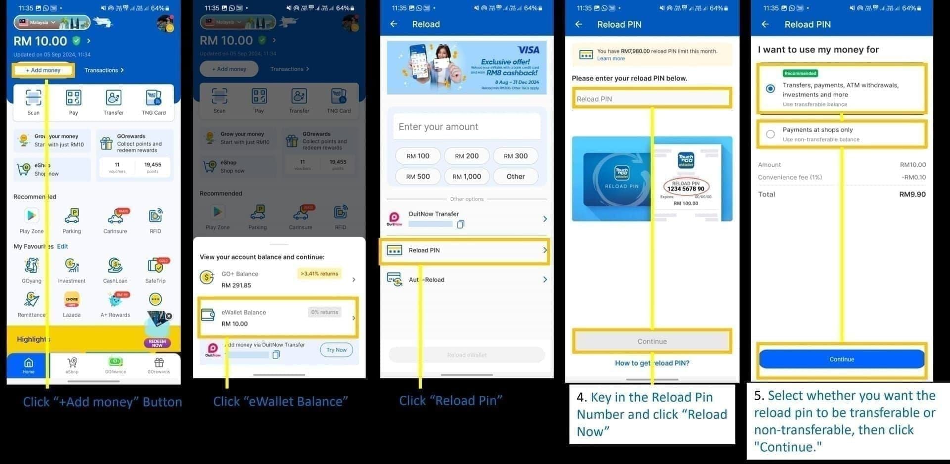 Guide screenshot: Redeeming TNG Reload Pin in TNG eWallet app, entering PIN and tapping Reload Now