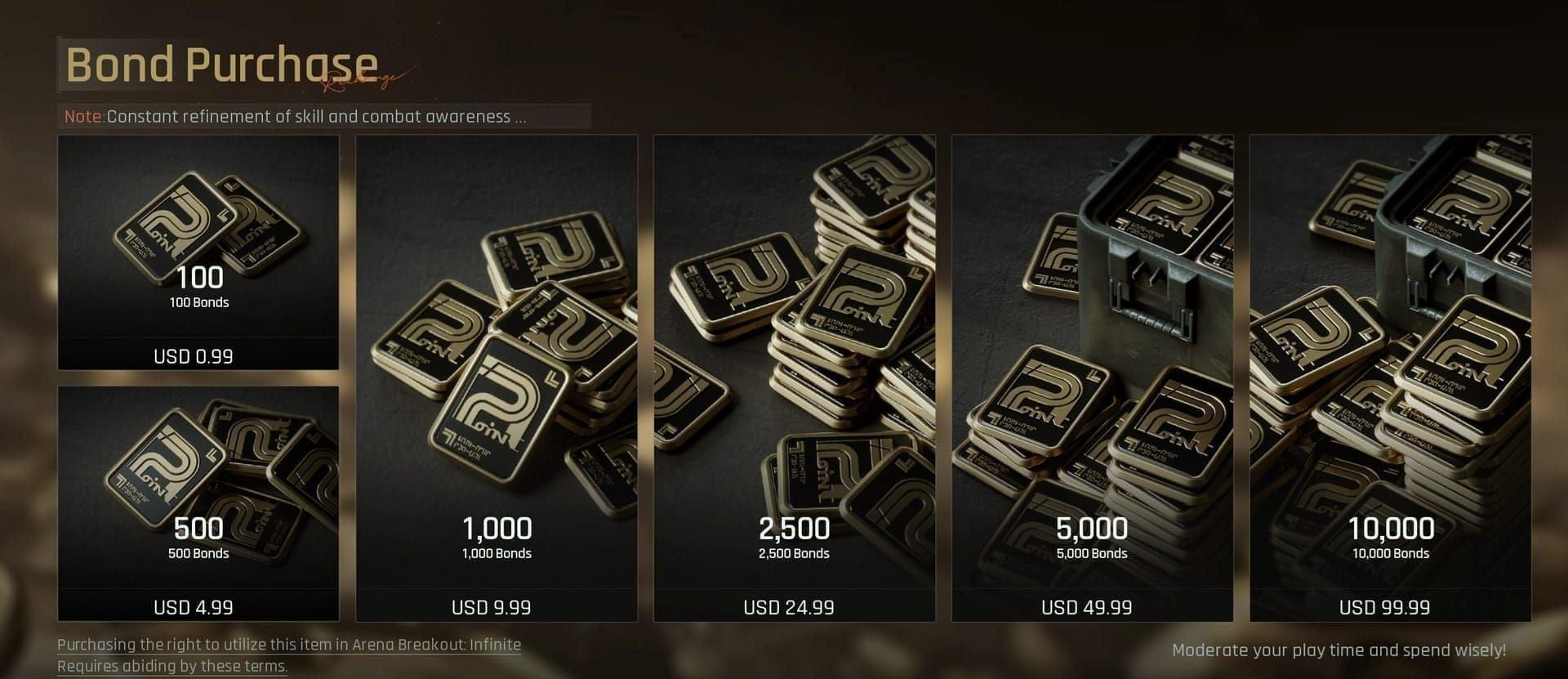 Arena Breakout in-game bonds bundle purchase interface showing Small (60+6) and Large (6500+320) options