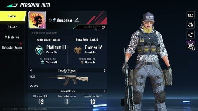 Yaahlan Blood Strike profile interface showing player UID for top-up