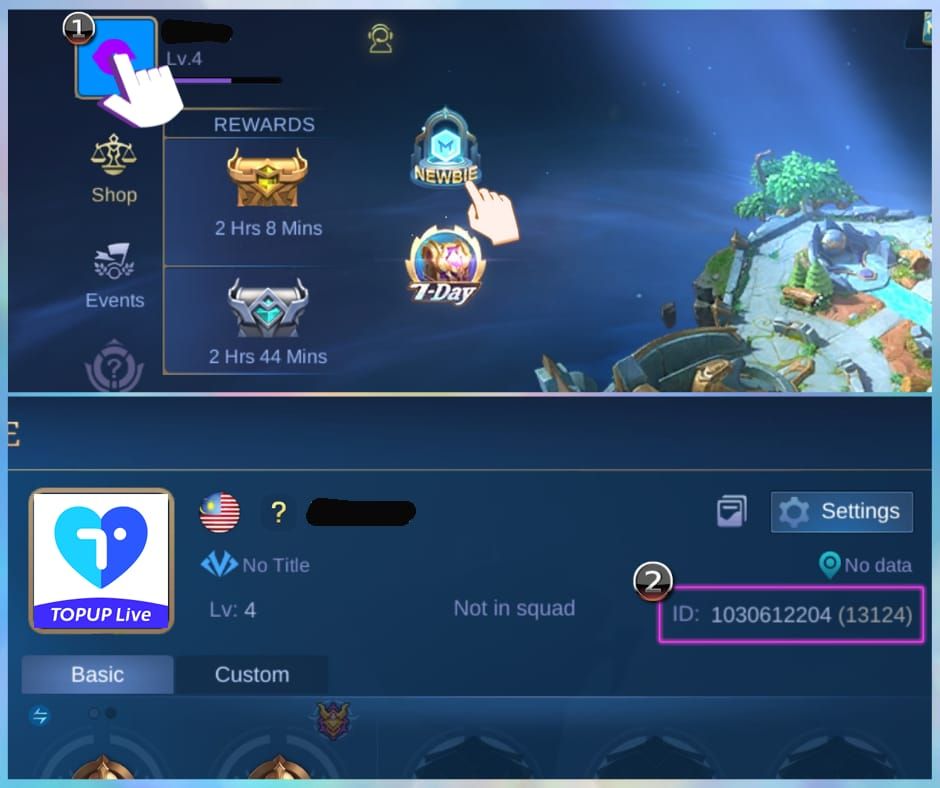 Mobile Legends Bang Bang in-game profile showing Game ID and Zone ID locations