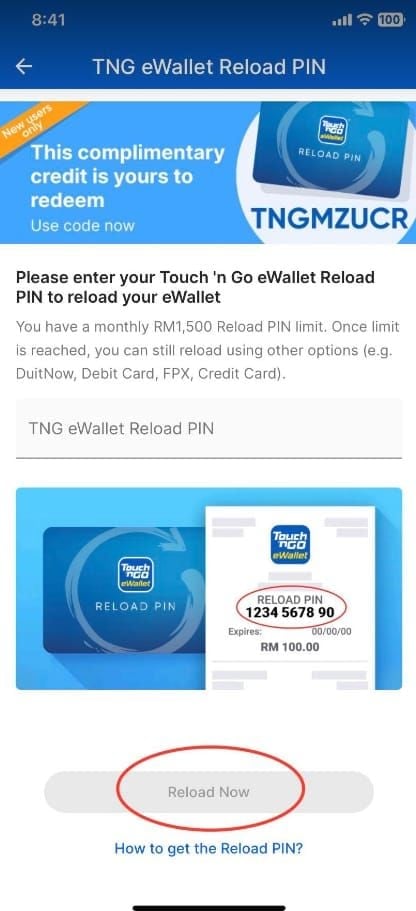 Step-by-step guide screenshot of redeeming TNG Reload Pin (MY) in eWallet app