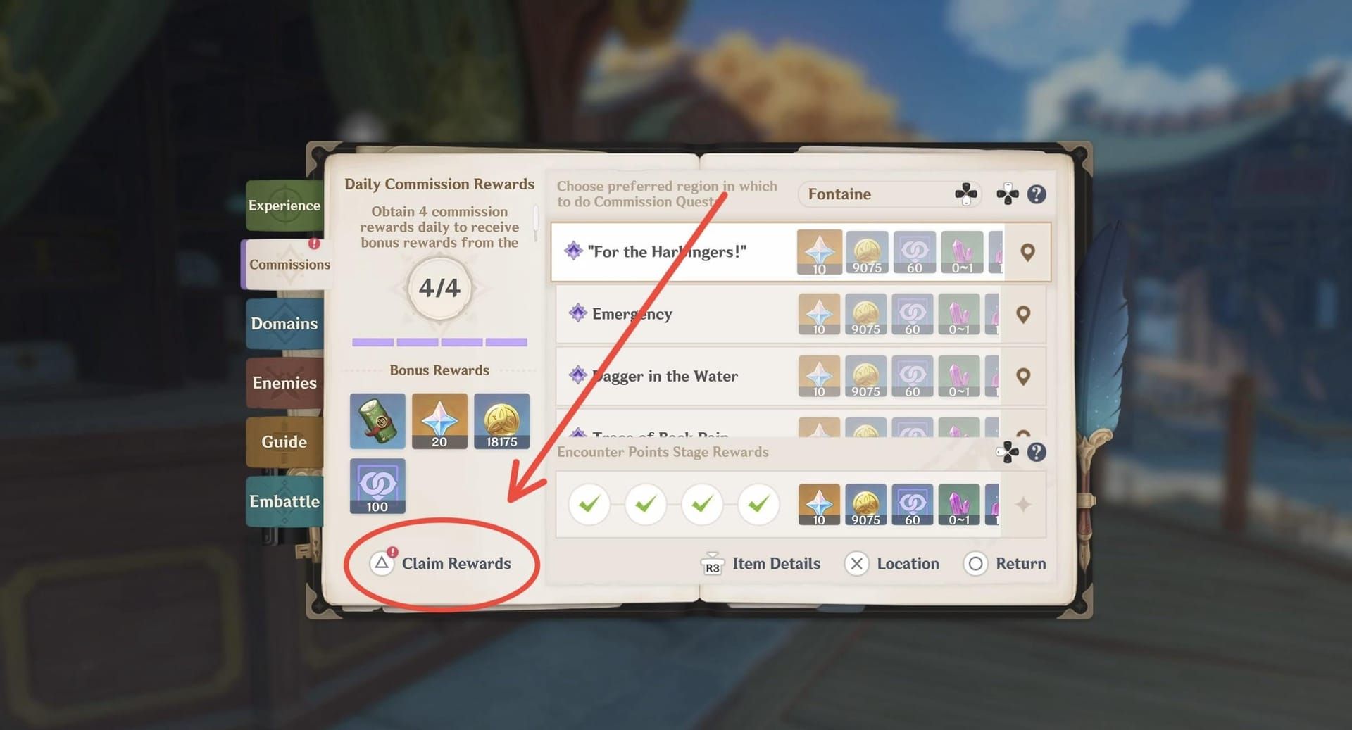 IMO in-game interface showing Daily Commissions completion and Katheryne Primogems bonus claim