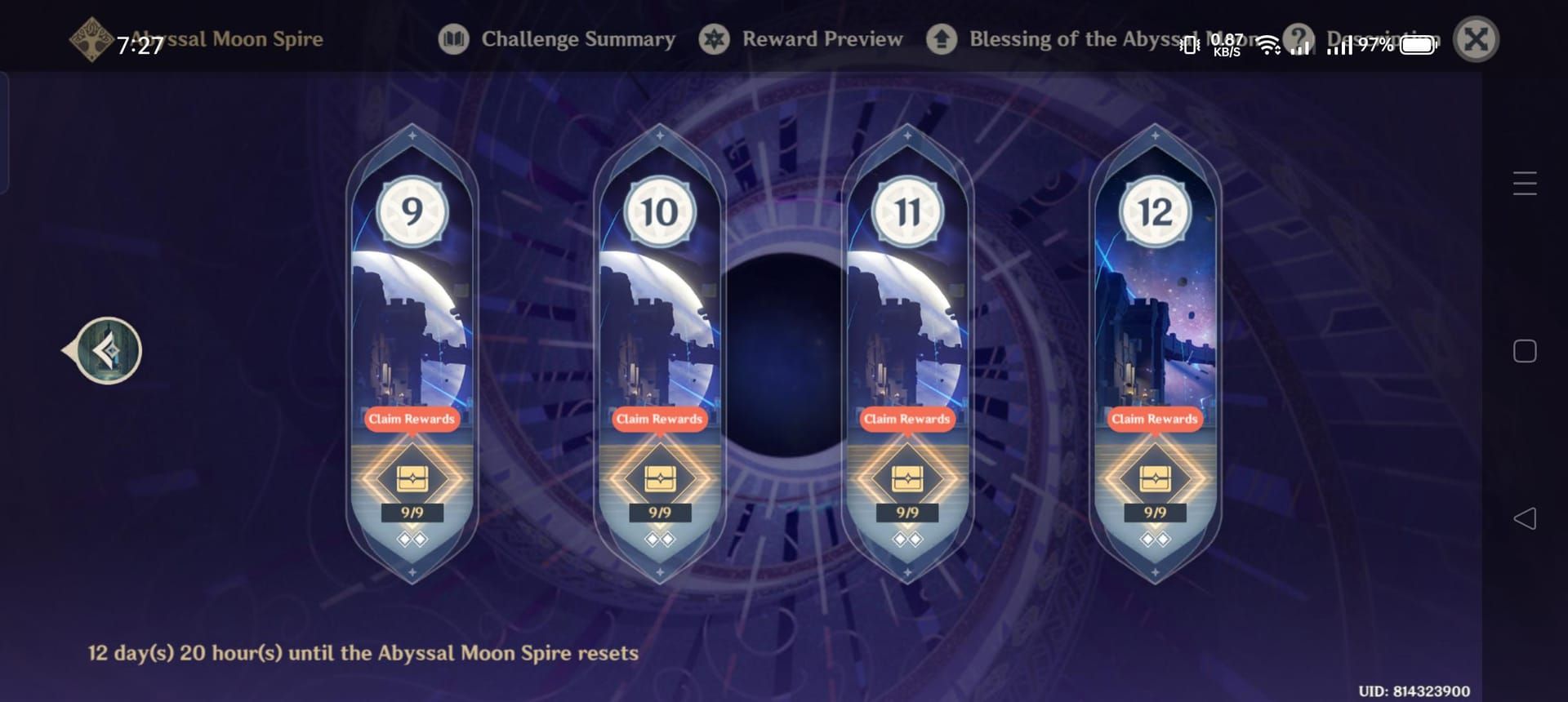 IMO Spiral Abyss floor clear rewards screen with 36 stars and Primogems earned