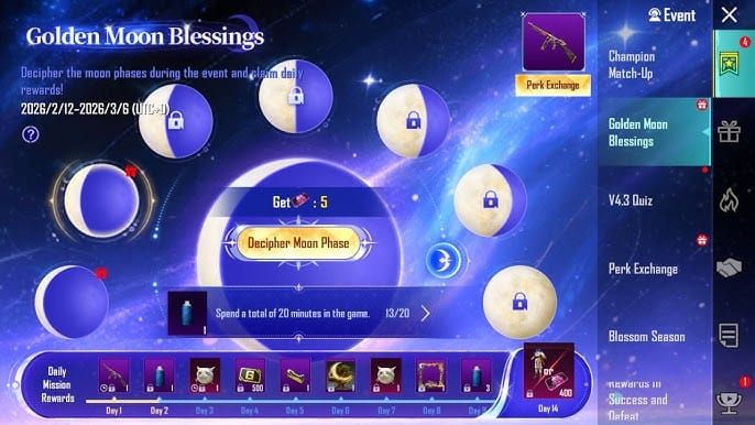 PUBG Mobile UC Golden Moon Bazaar event hub interface showing medal sub-events