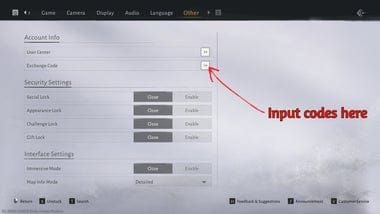 Where Winds Meet Other tab in settings showing Exchange Code button and input field