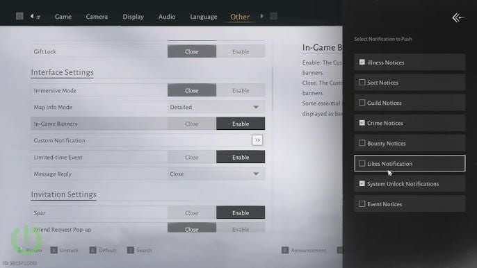 Where Winds Meet in-game ESC menu with gear icon for settings