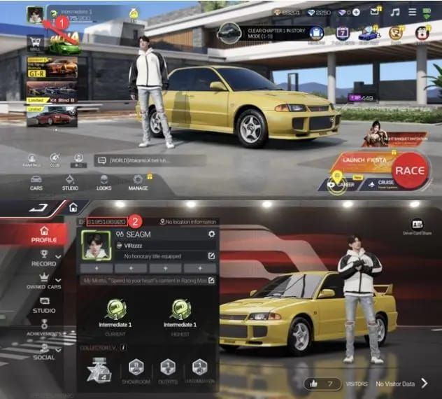 Screenshots of Racing Master SEA top-up process: player ID, packages, and claim rewards