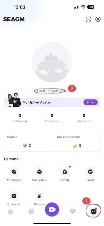 Uplive Diamonds app profile screen showing Up ID location for top-up