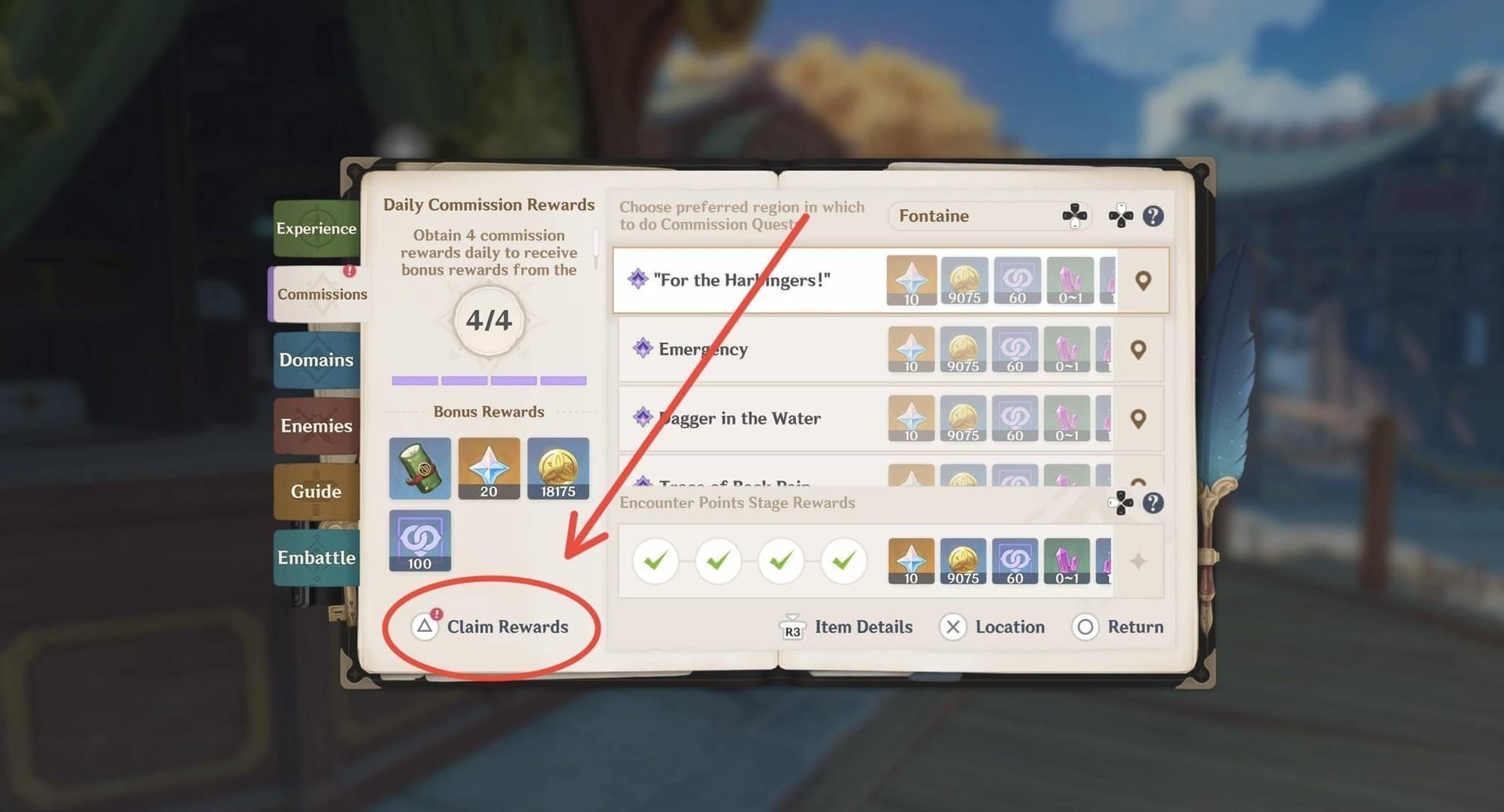 IMO daily commissions UI with quest list and 60 Primogem reward from Katheryne