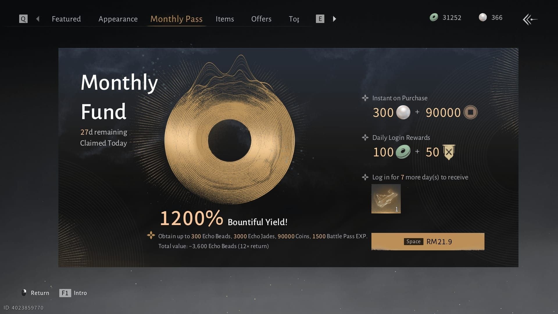 Where Winds Meet Blessing of the Wanderer Monthly Pass UI showing 300 Echo Beads, 3000 Jade, and rewards