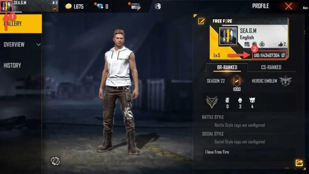 Free Fire LATAM lobby screenshot with Player ID highlighted