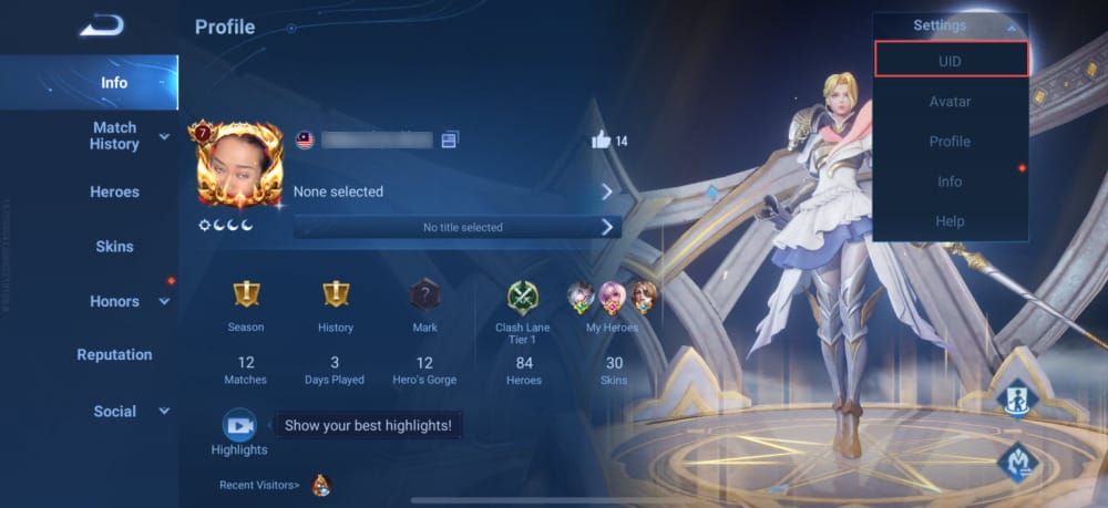 Honor of Kings lobby profile screen showing Character UID