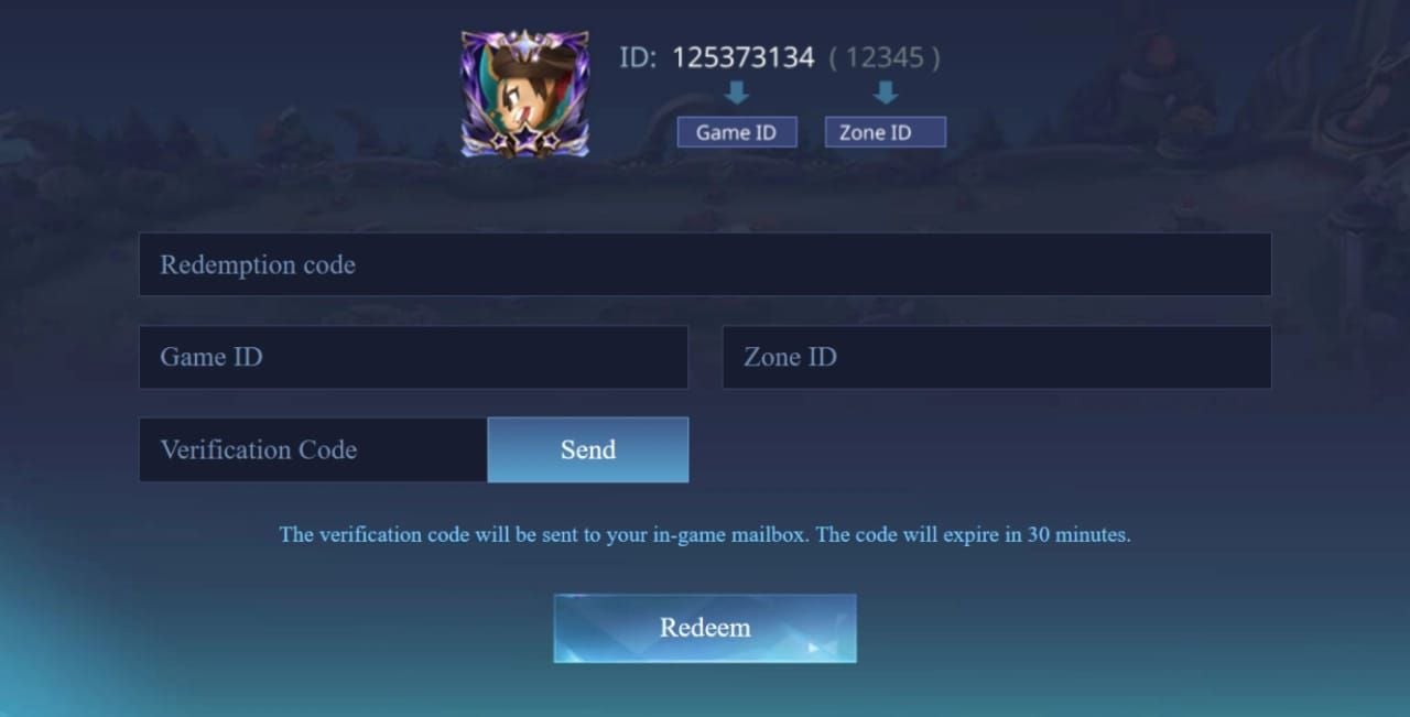 Mobile Legends Bang Bang mailbox interface with redeem verification code example