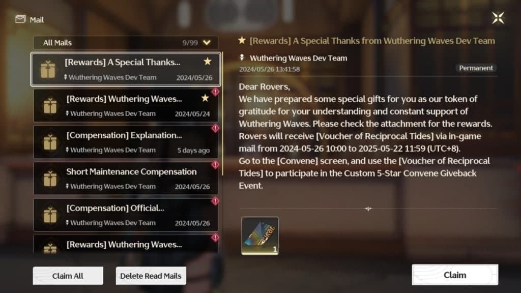 Wuthering Waves Mailbox screen displaying code redemption rewards like Astrite and potions