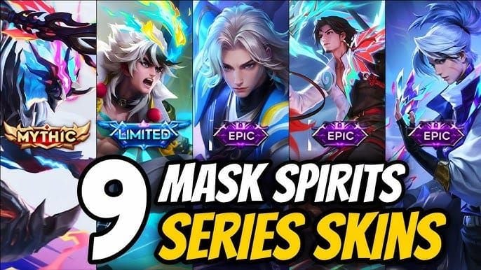 Comparison of Honor of Kings Mask Spirits skins for Lu Bu, Zhang Fei, Liu Bei, and Guan Yu