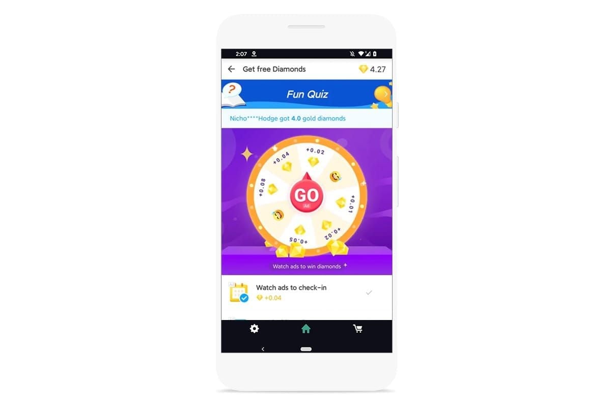 IMO rewarded video ads interface with Get Now button and diamond rewards