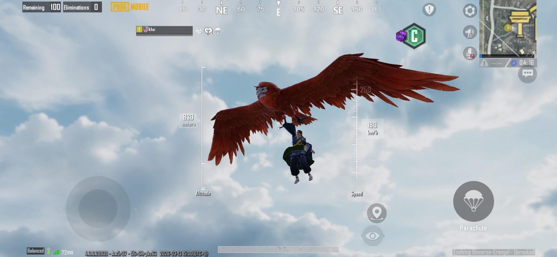 PUBG Mobile UC Phoenixtra X-Suit transforming mount glider in mid-air transformation