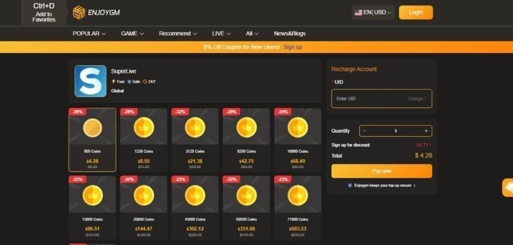 SuperLive Coins 43,000-coin package purchase screen showing price and rate
