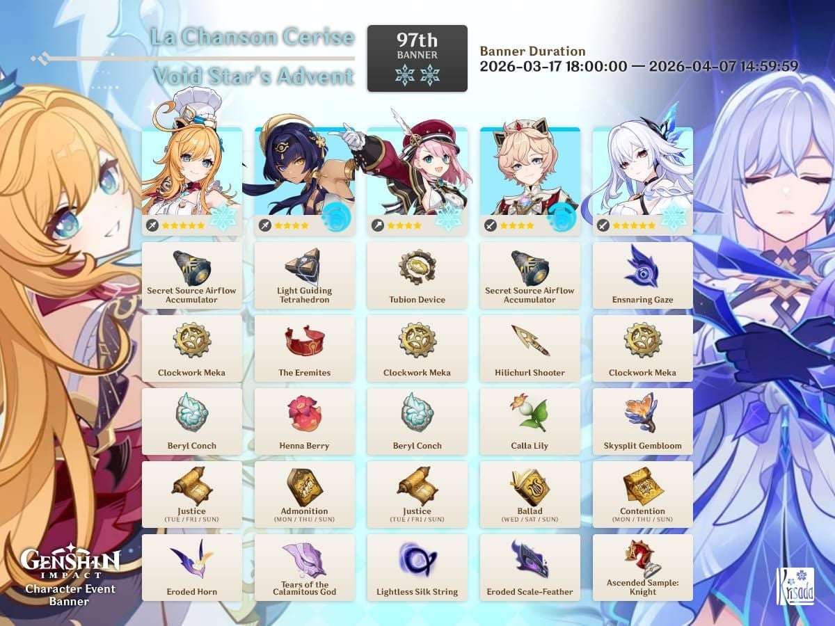 원신 6.4 버전 Skirk와 Escoffier 픽업 배너 캐릭터 아트