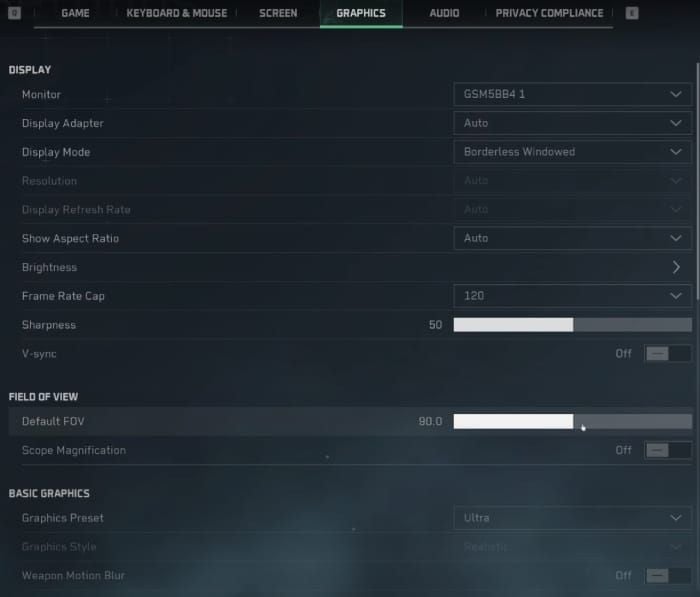 Delta Force in-game graphics settings interface with performance options highlighted