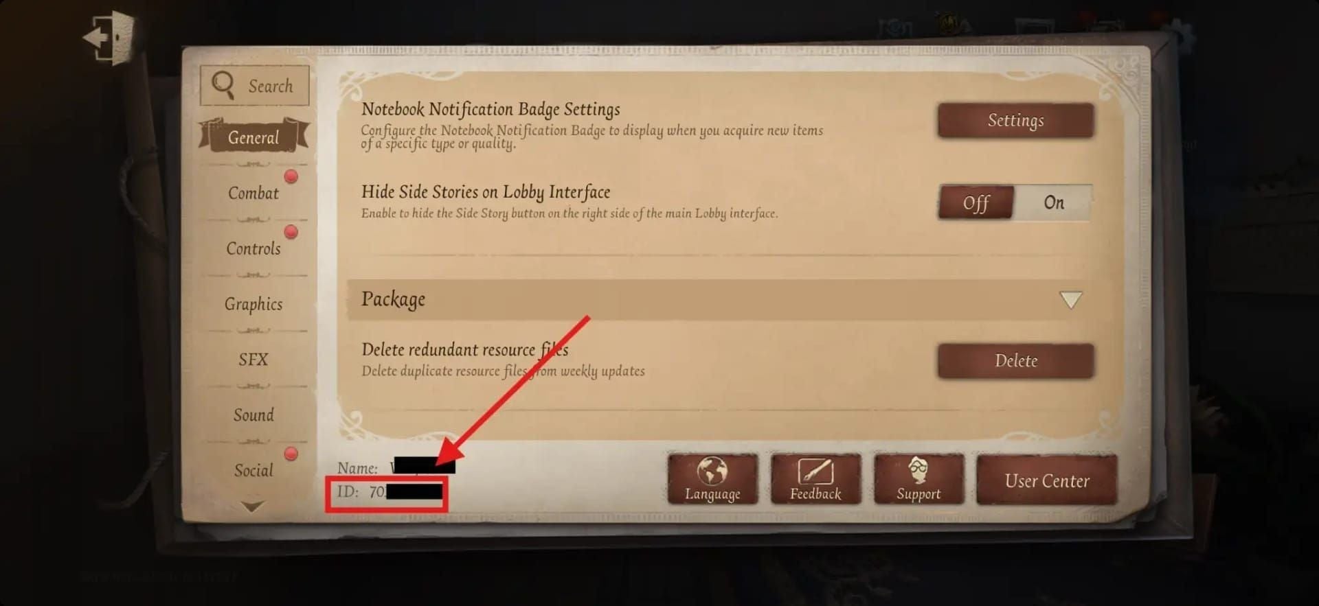 Identity V in-game lobby settings screen showing player UID