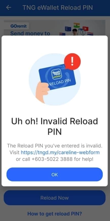 TNG eWallet app showing 'already redeemed' error for invalid reload pin