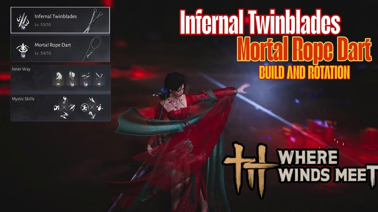 Where Winds Meet in-game screenshot of Infernal Twinblades and Mortal Rope Dart burst combo in PvP