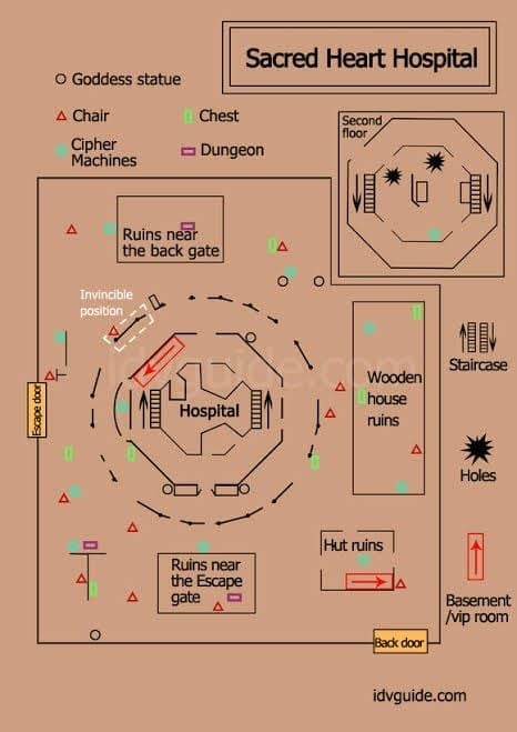 Identity V Sacred Heart Hospital map highlighting corridor layouts