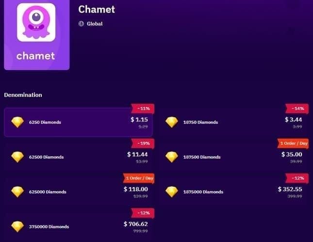 Chamet Diamond daily login rewards interface showing claim button and streak multipliers