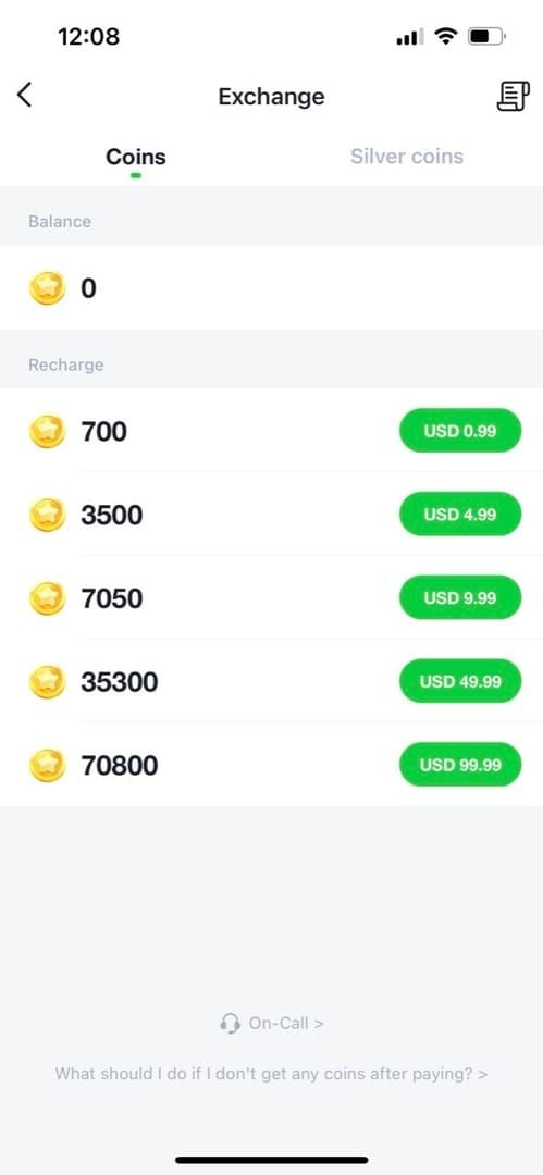YoHo: Group Voice Chat coin balance interface after top-up