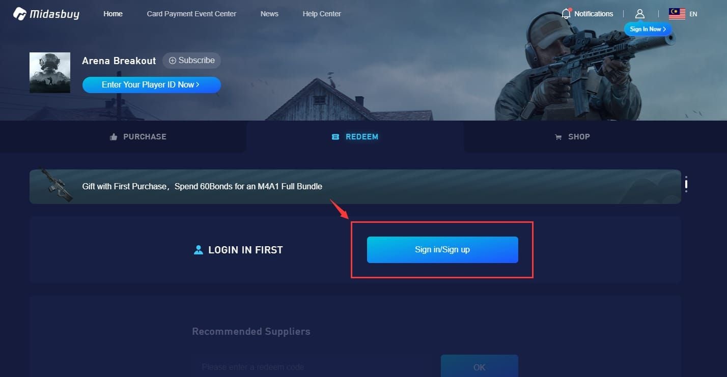 Arena Breakout mobile Events menu with Reward Code Redemption option