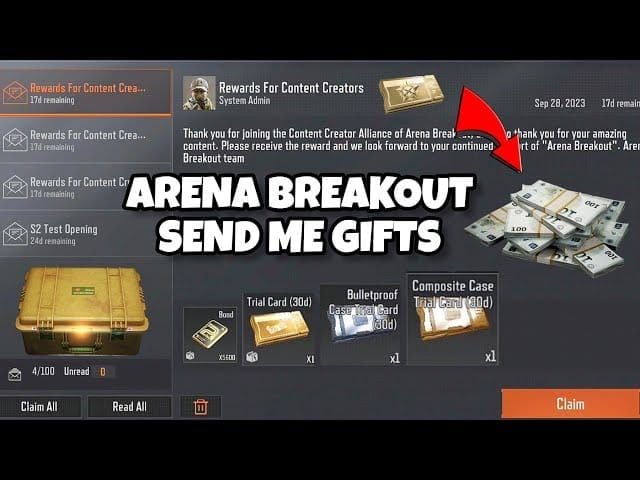 Arena Breakout in-game mailbox displaying redeemed code rewards