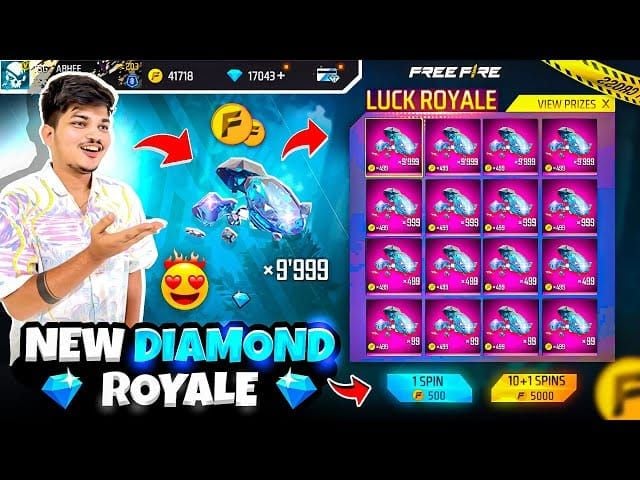 Free Fire EVO Vault Luck Royale screenshot showing diamond spins and pity counter