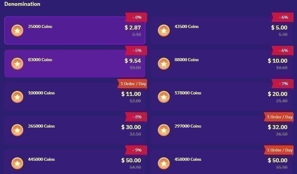 SuperLive Coins in-game coin shop packages menu