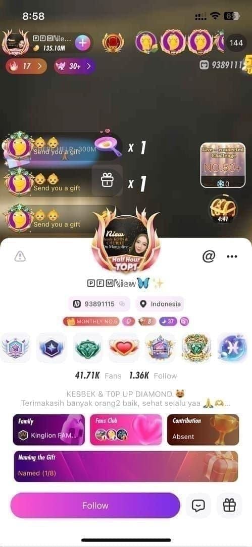 Mango Live Diamonds app profile interface showing User ID (UID) below username