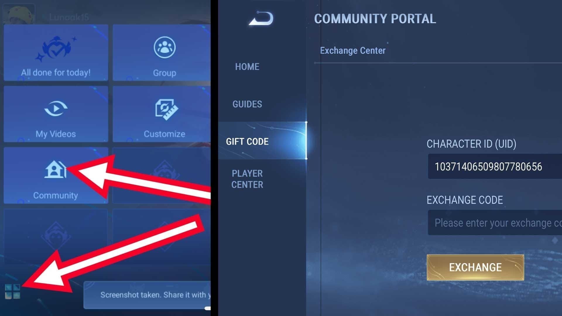 Honor of Kings in-game gift code redemption UI screen showing diamond icon and community menu