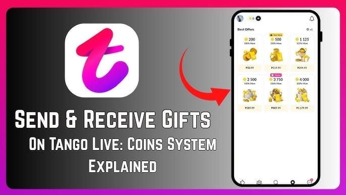 Tango app interface showing coin usage for virtual gifts in live stream