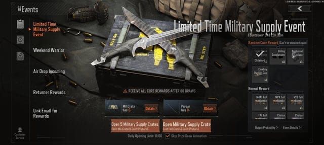 Arena Breakout in-game Events tab showing Reward Code Redemption option