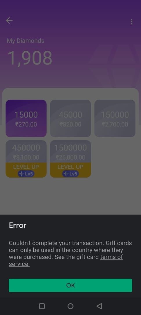 Chamet Diamond inventory screen with recharged diamond balance