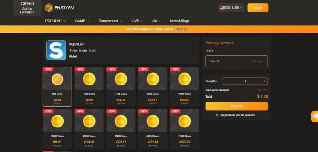 SuperLive Coins recharge interface showing standard post-nerf pricing without event bonuses