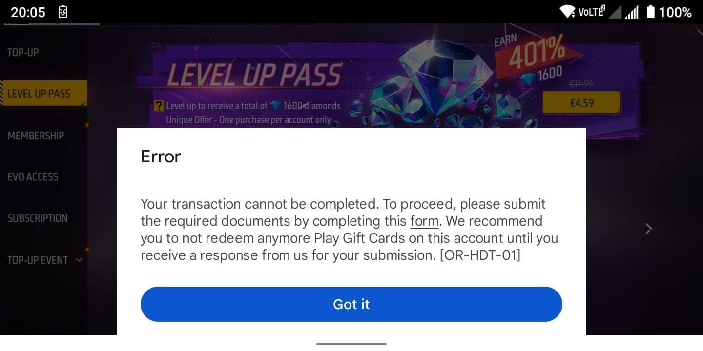 Free Fire Diamonds EU + TR invalid redeem code error screenshot
