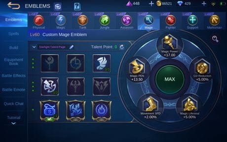 Mobile Legends Bang Bang role emblems and talents interface