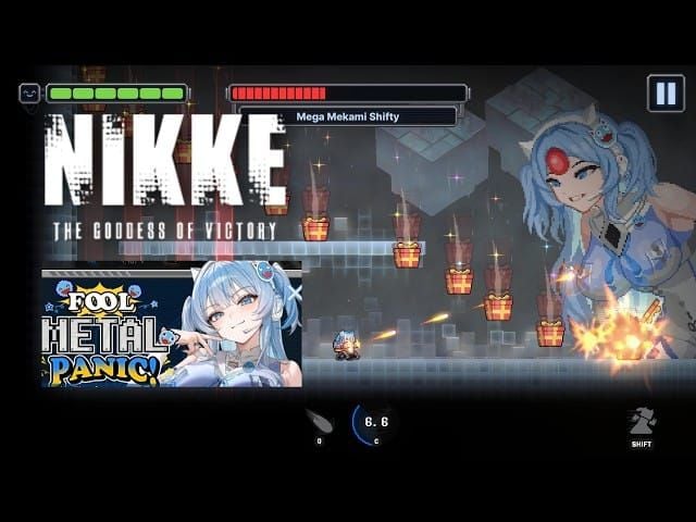 Screenshot of Mega Mekami Shifty boss battle phases in Goddess of Victory: NIKKE Fool Metal Panic event