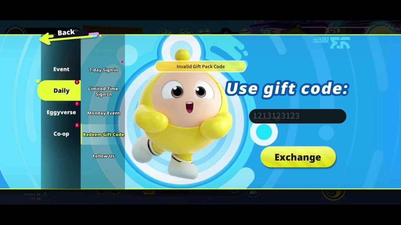 Eggy Party gift code redemption screen in event menu